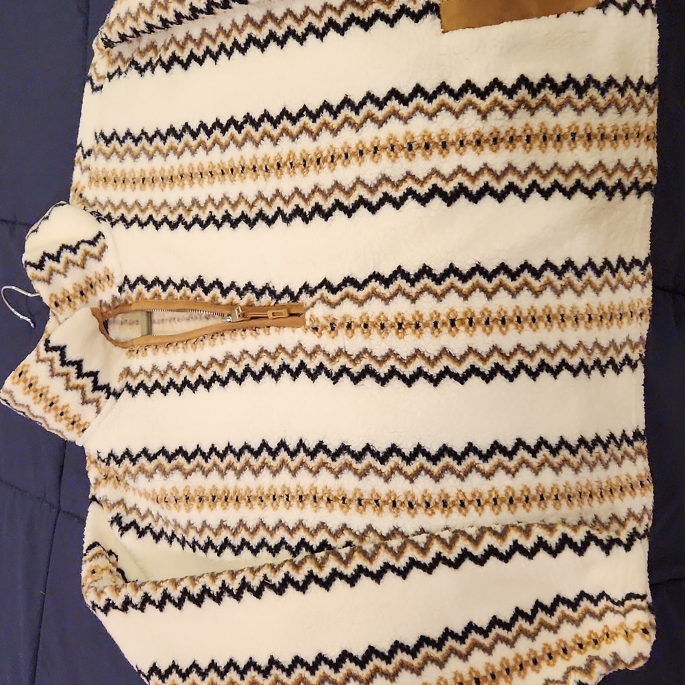 Fred David White and Brown Zigzag Zip-Up Sweater Size Large